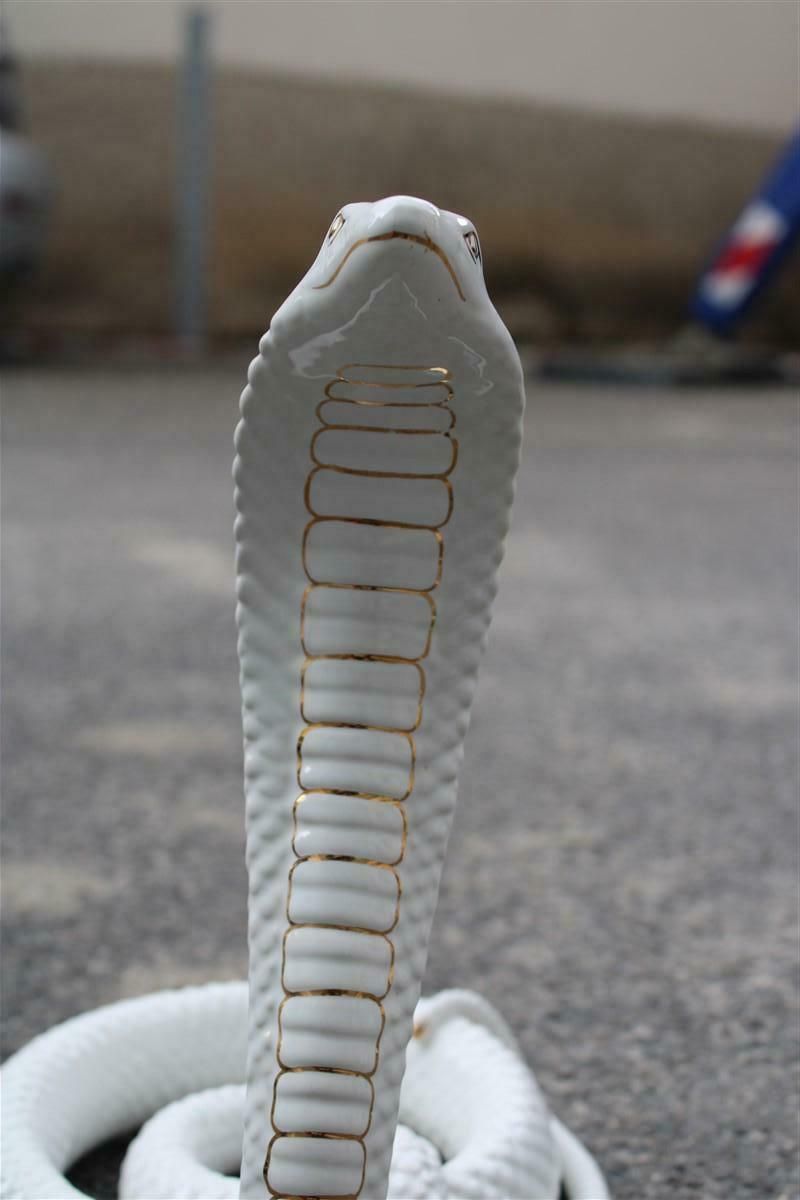 Snake Ornamental Sculpture In White And Gold Ceramic Tommaso Barbi, 1970s photo vinterior