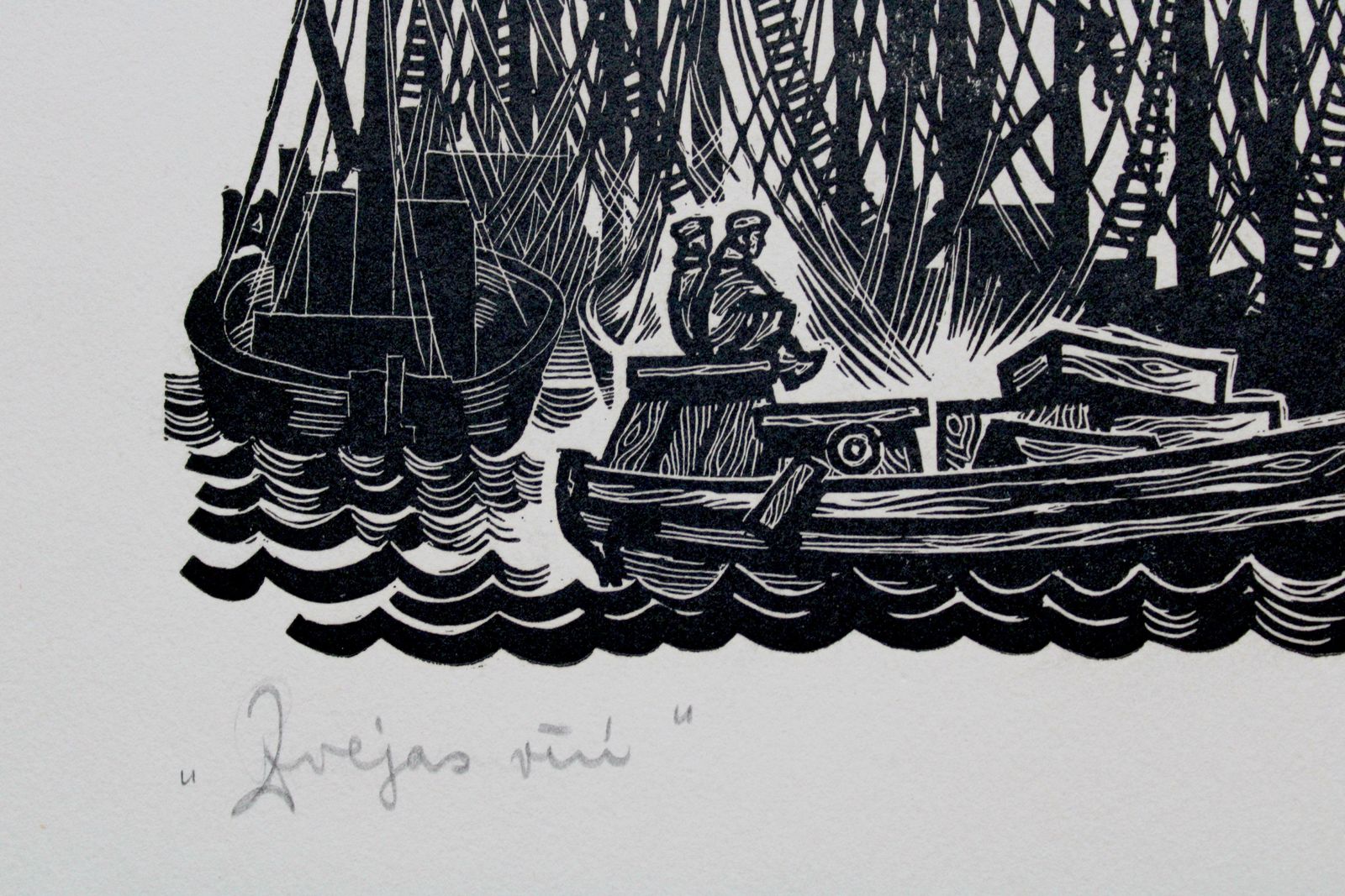 Dainis Rozkalns Fishing Men. Paper, Linocut photo Art