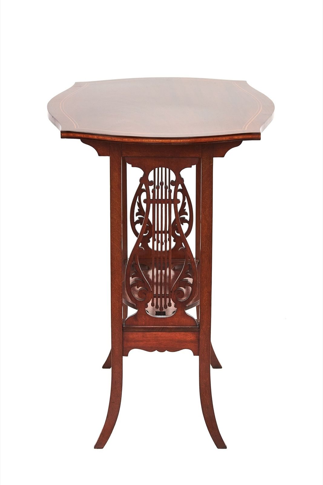 Fine Sheraton Revival Mahogany Inlaid & Carved Lyre End Support Table[B] photo 500.0