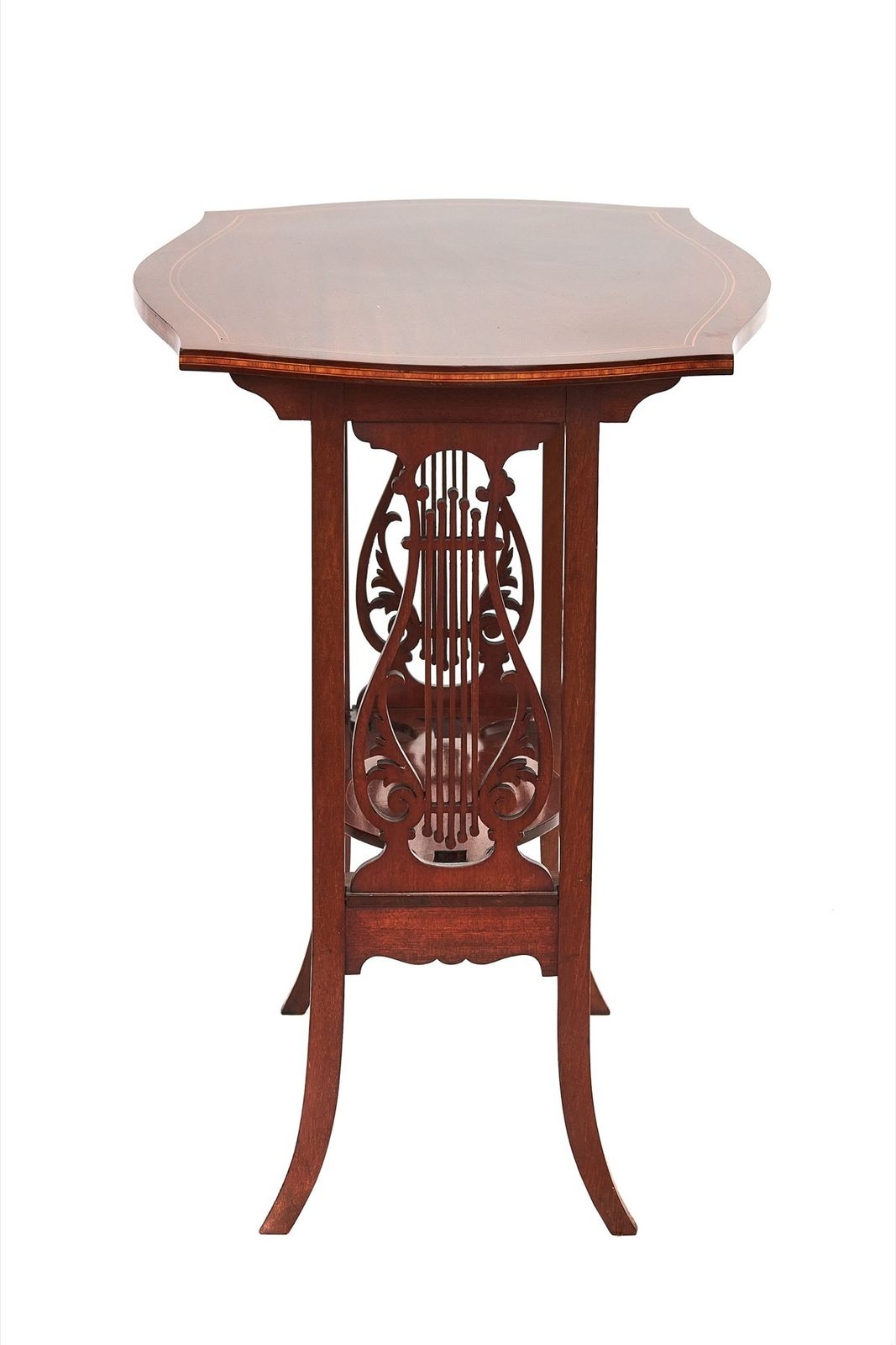 Fine Sheraton Revival Mahogany Inlaid & Carved Lyre End Support Table[B] photo vinterior