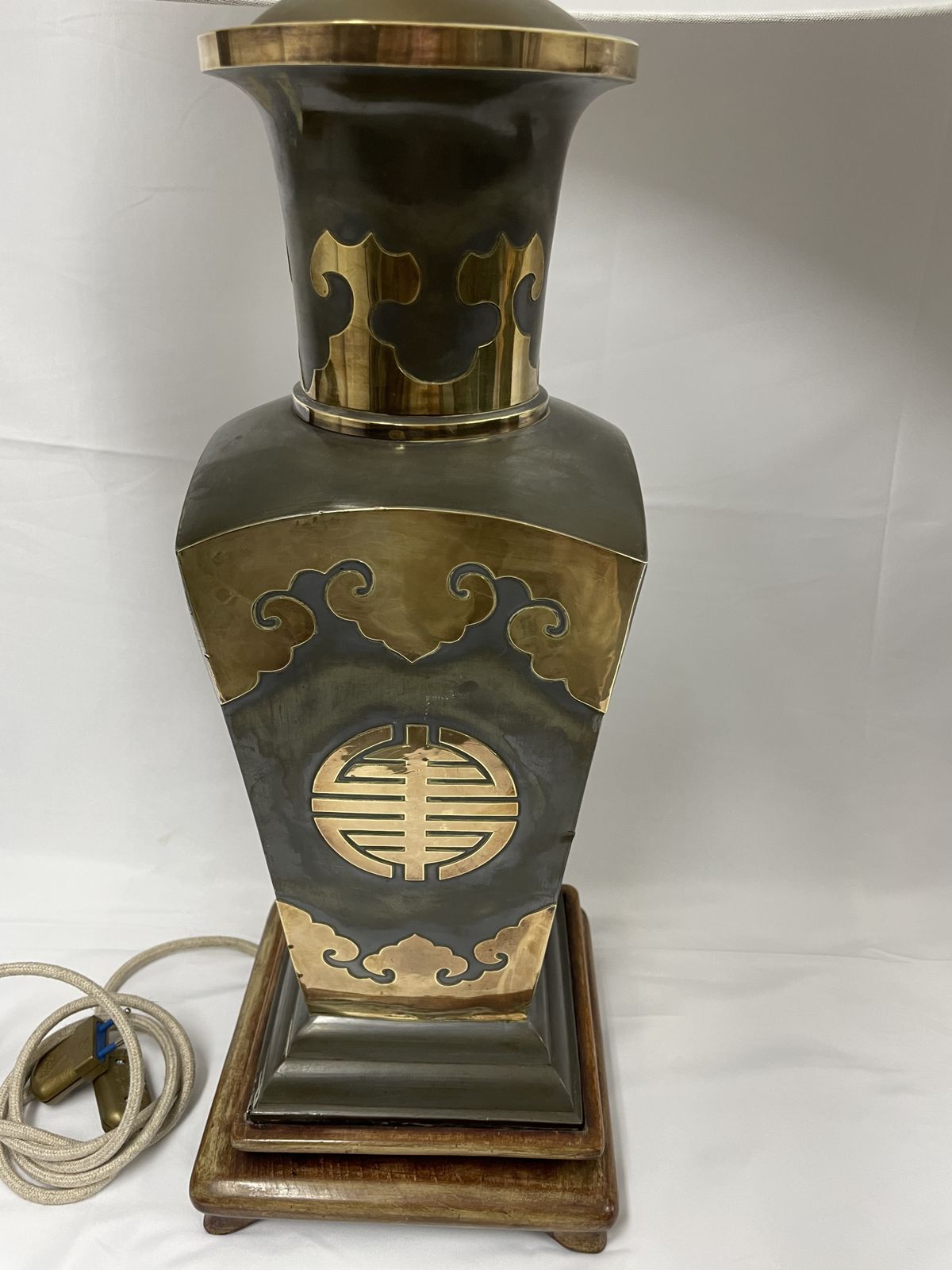 Pair Of Metal Lamps With Brass Applications On Wooden Bases.  50's photo 2950.0