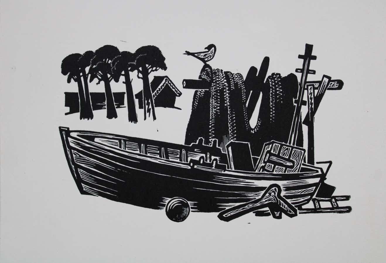 Dainis Rozkalns Fishing Boat. Double Sided. Paper, Linocut,