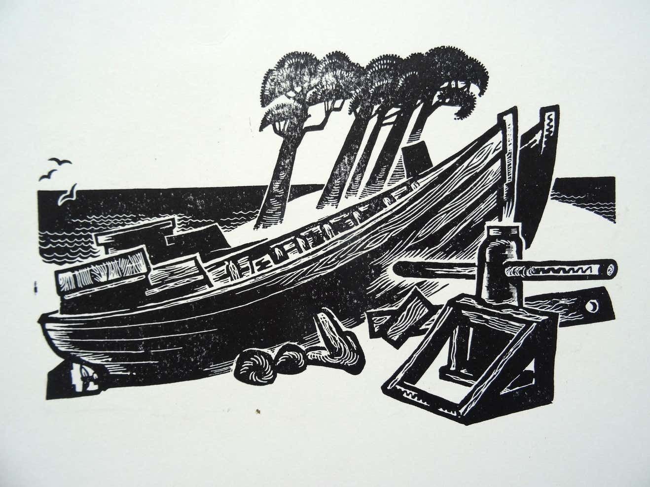 Dainis Rozkalns Fishing Boat. Double Sided. Paper, Linocut, photo Art