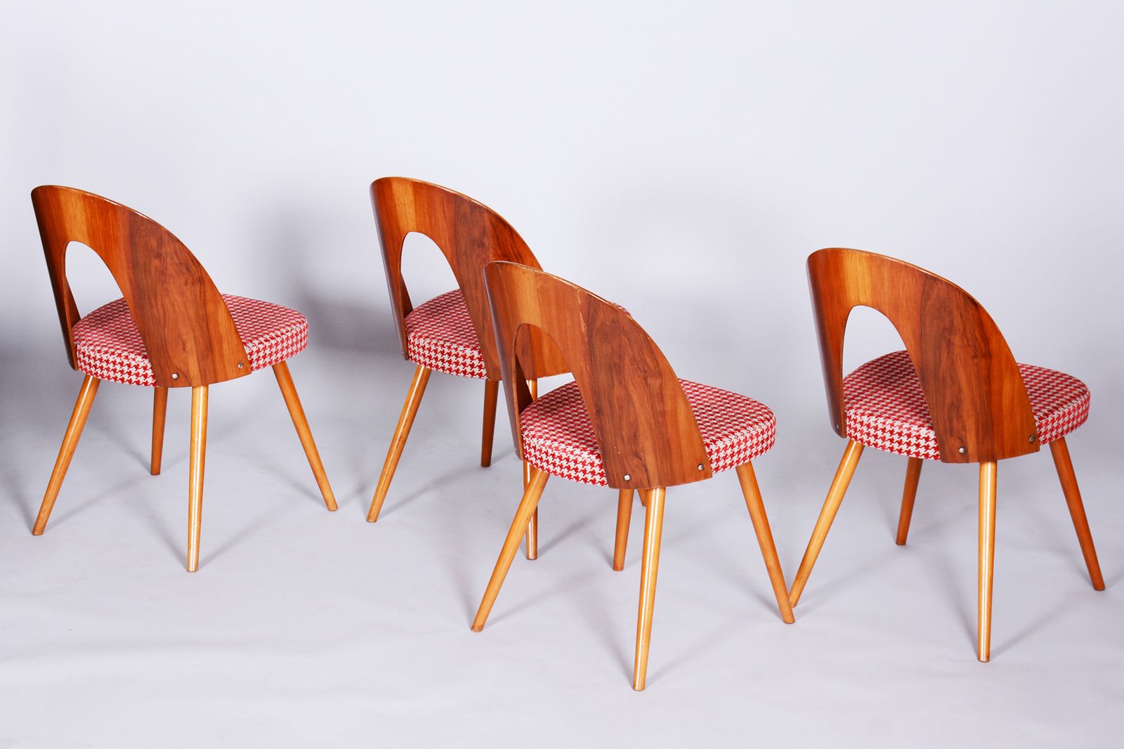 photo furniture Four Restored Mid Century Chairs, Antonin Suman, Beech, Walnut, Czechia, 1950s