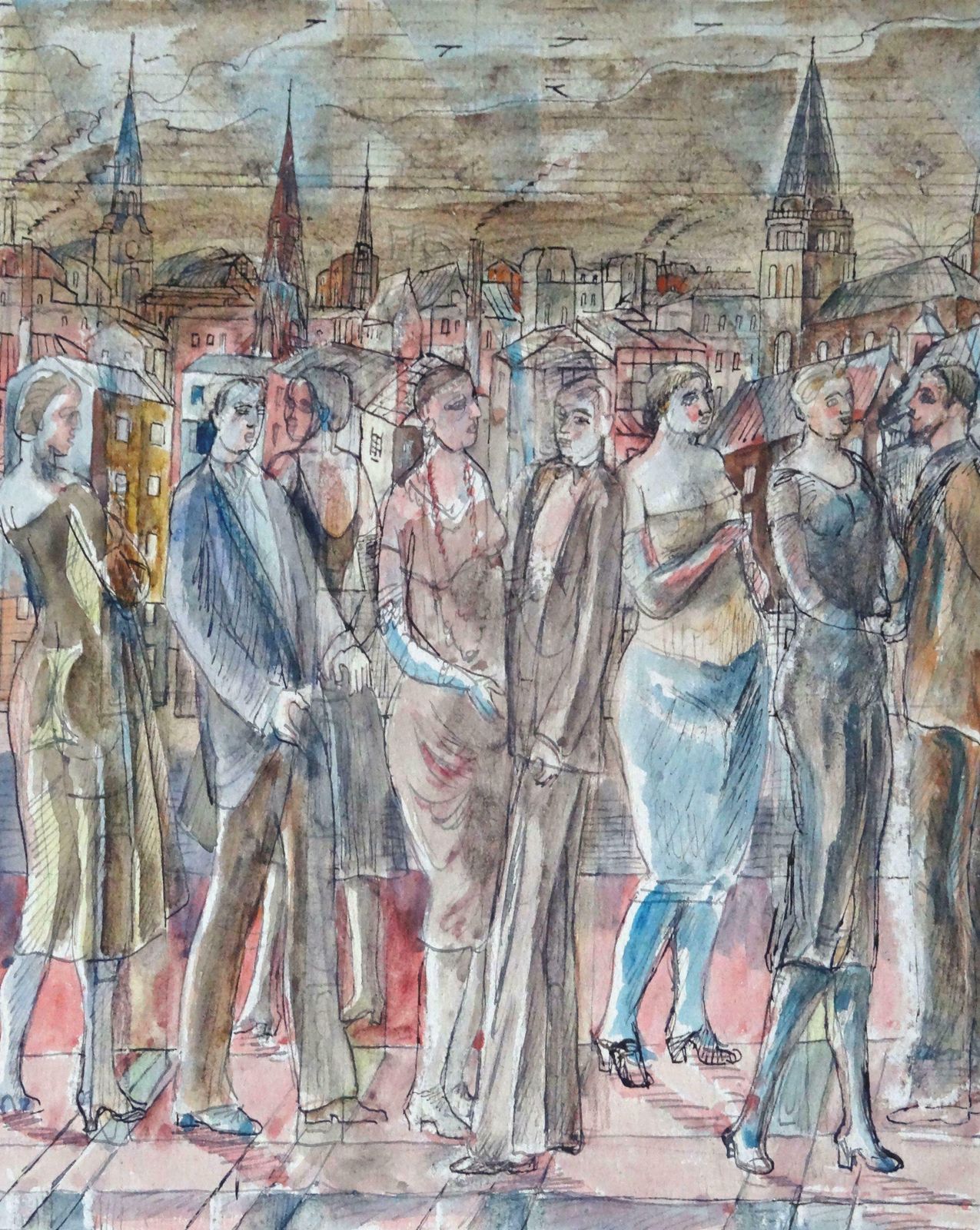 Adolfs Zardins Overflight Over The City. 1947, Paper, Mixed Media Art,