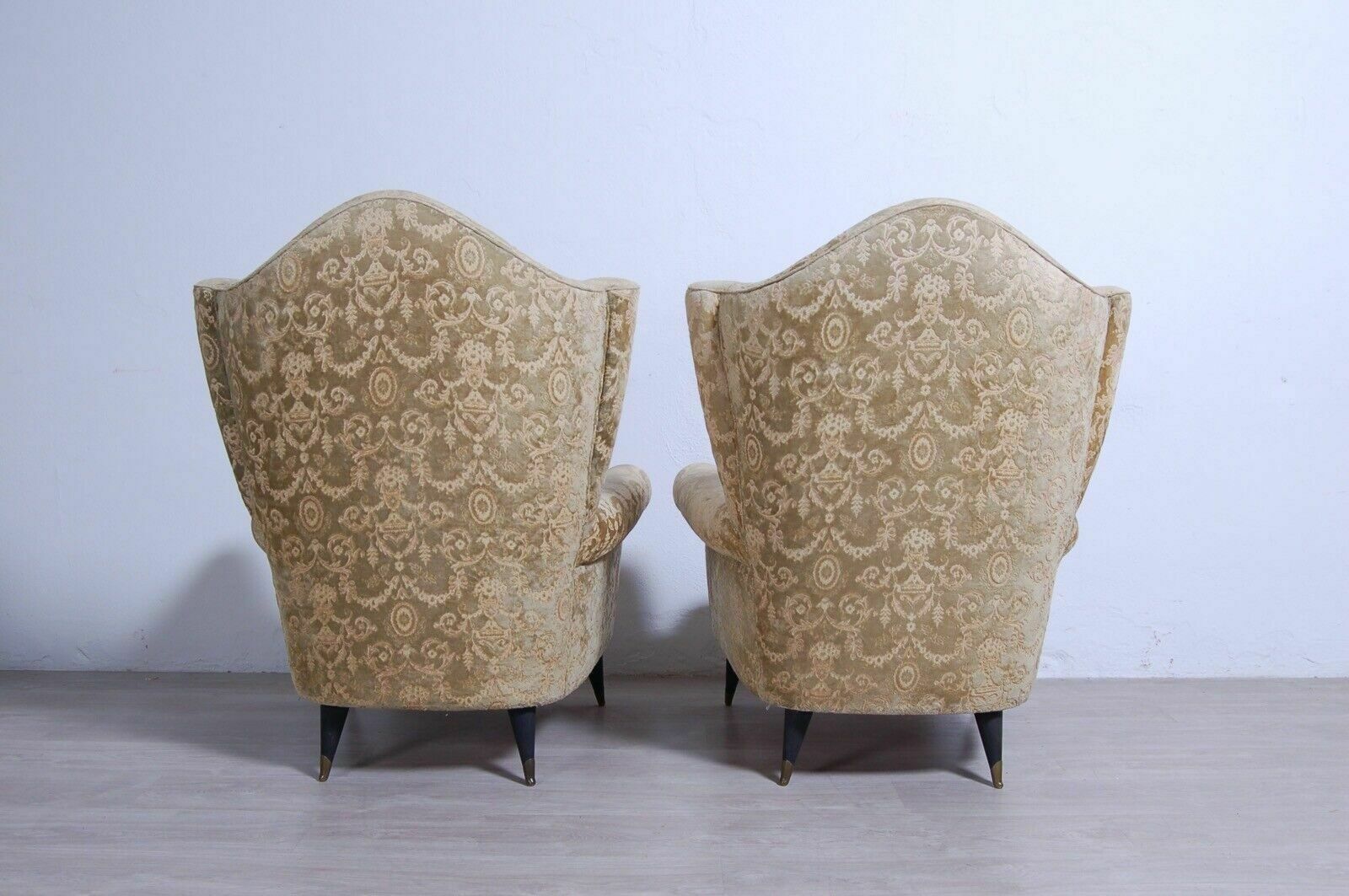 Pair Of 1950s Design Armchairs With Wooden Feet And Brass Tips In Damask Fabric photo 599.0