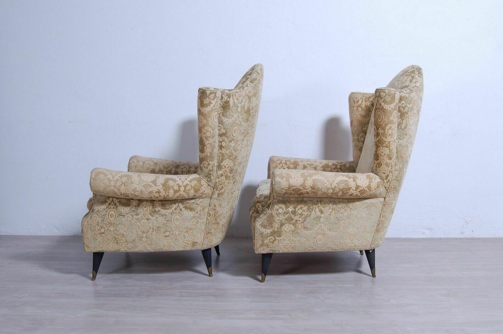 Pair Of 1950s Design Armchairs With Wooden Feet And Brass Tips In Damask Fabric photo vinterior