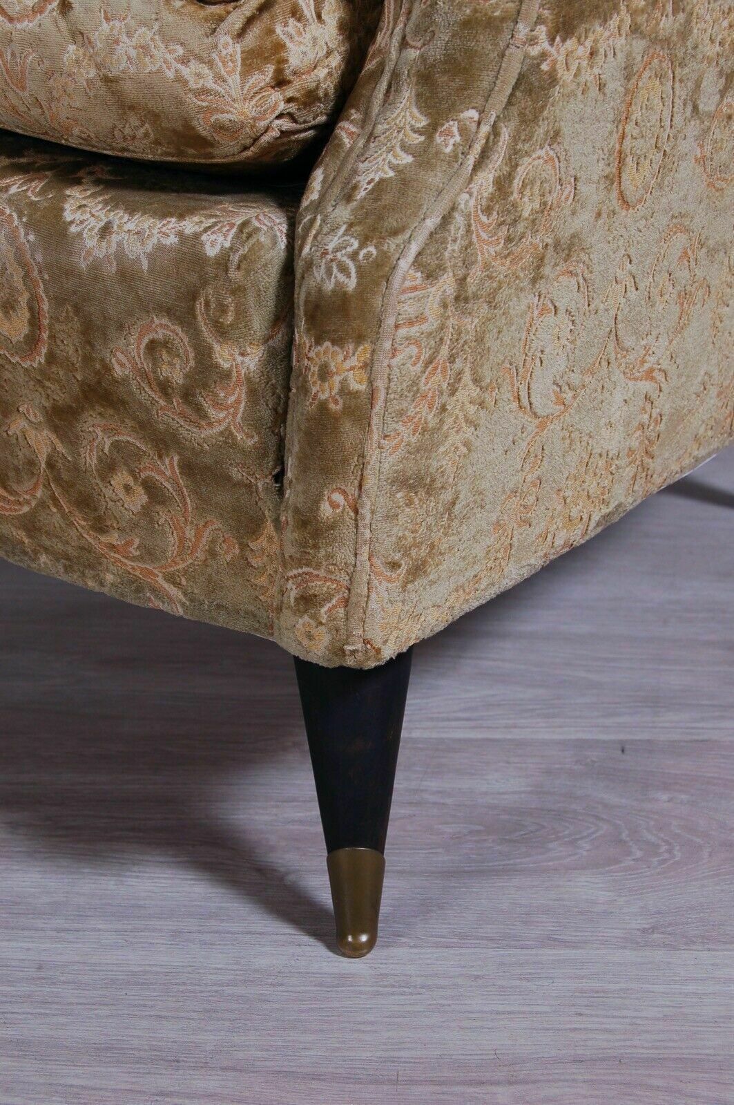 Pair Of 1950s Design Armchairs With Wooden Feet And Brass Tips In Damask Fabric photo vintage