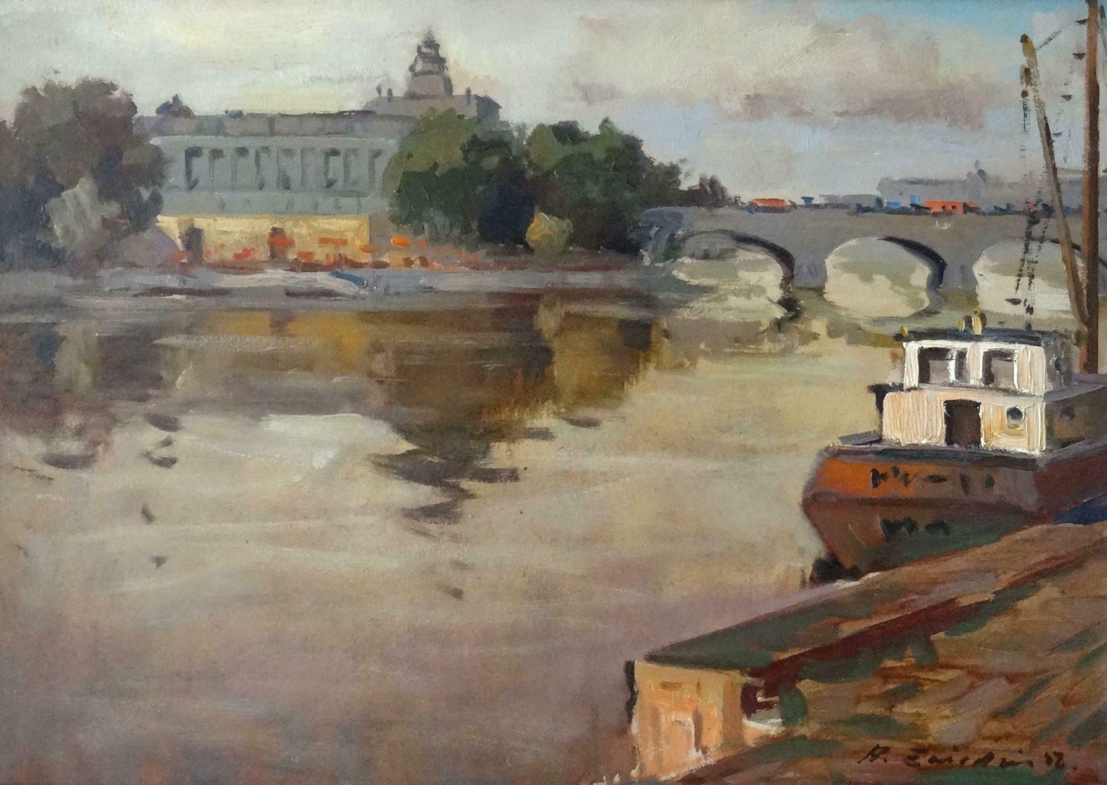 Aleksandrs Zviedris River With The Bridge And Ship In Earth Colours. 1956. Oil On Board, 1956
