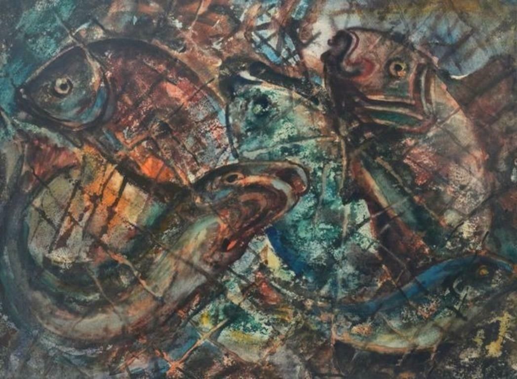 Aleksandrs Zviedris Composition With Fishes. 1976, Watercolour On Paper 1976