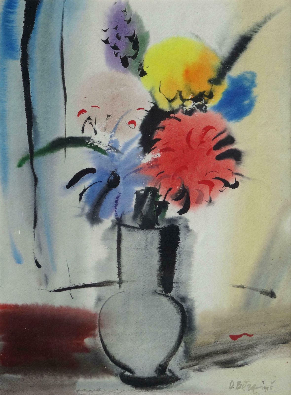 Oskars Berzins Colourful Flowers In Vase. 1992. Paper, Watercolour,  1992