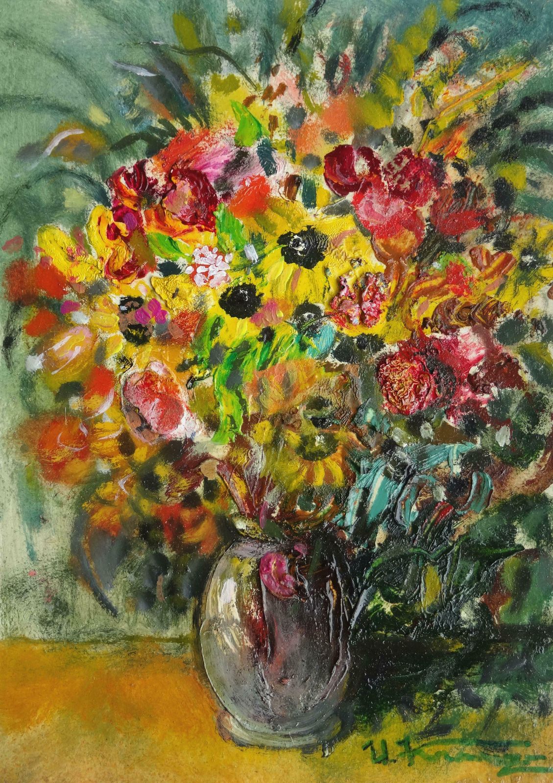Uldis Krauze Bouquet Of Flowers With Sunflowers. Cardboard, Oil