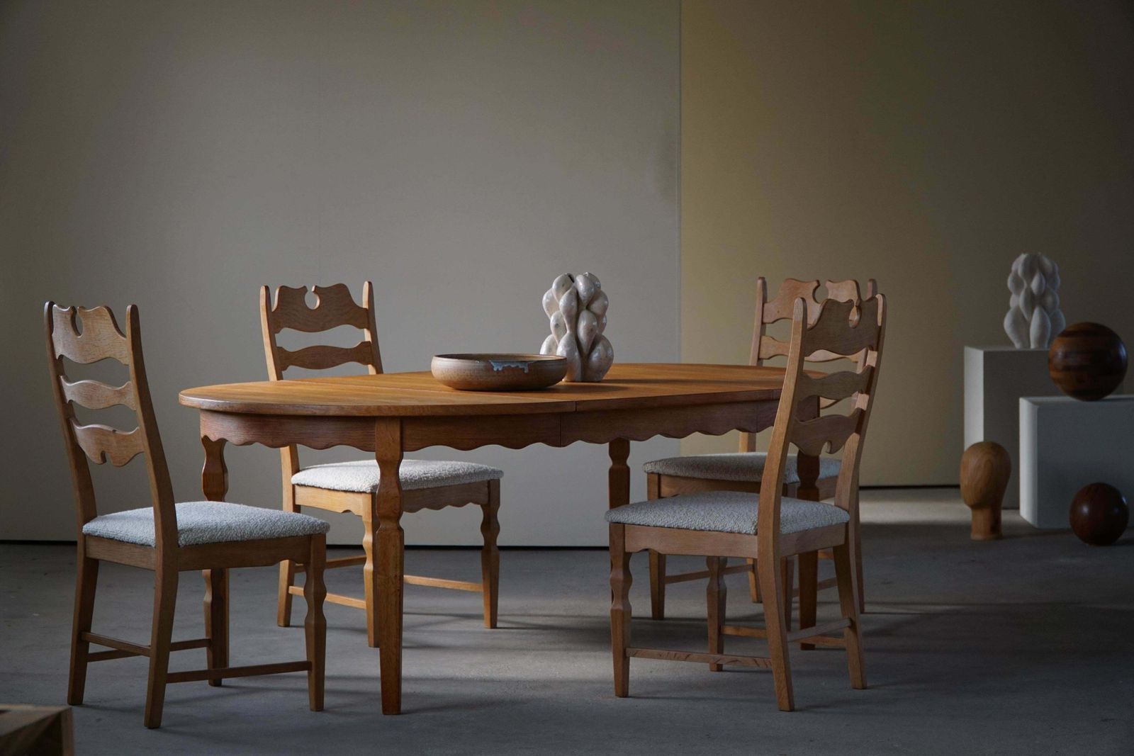 photo for sale Set Of 4 Highback "Razorblade" Chairs In Oak & Bouclé, Henning Kjærnulf, 1960s