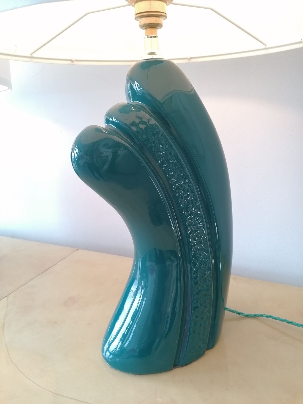 Pair Of Vintage Dark, Intense Blue / Green Ceramic Lamps, USA 1980s Deco Revival photo 850.0