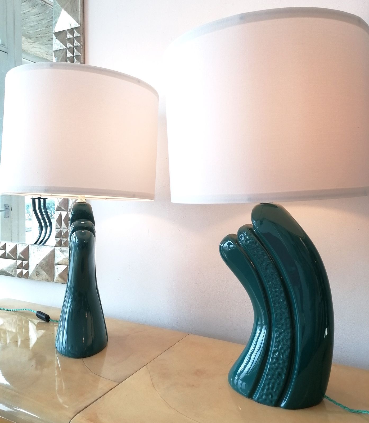 photo furniture Pair Of Vintage Dark, Intense Blue / Green Ceramic Lamps, USA 1980s Deco Revival
