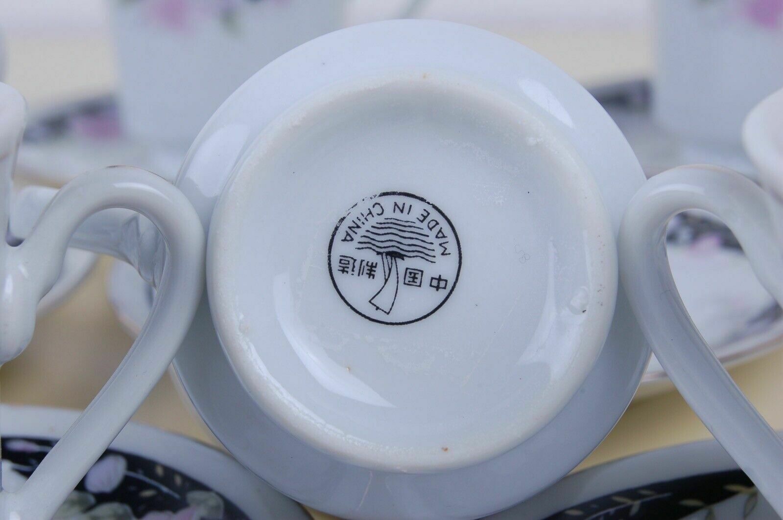 Vintage Hand Painted Ceramic Coffee Service Made In China Black Floral 12 Prs photo for sale