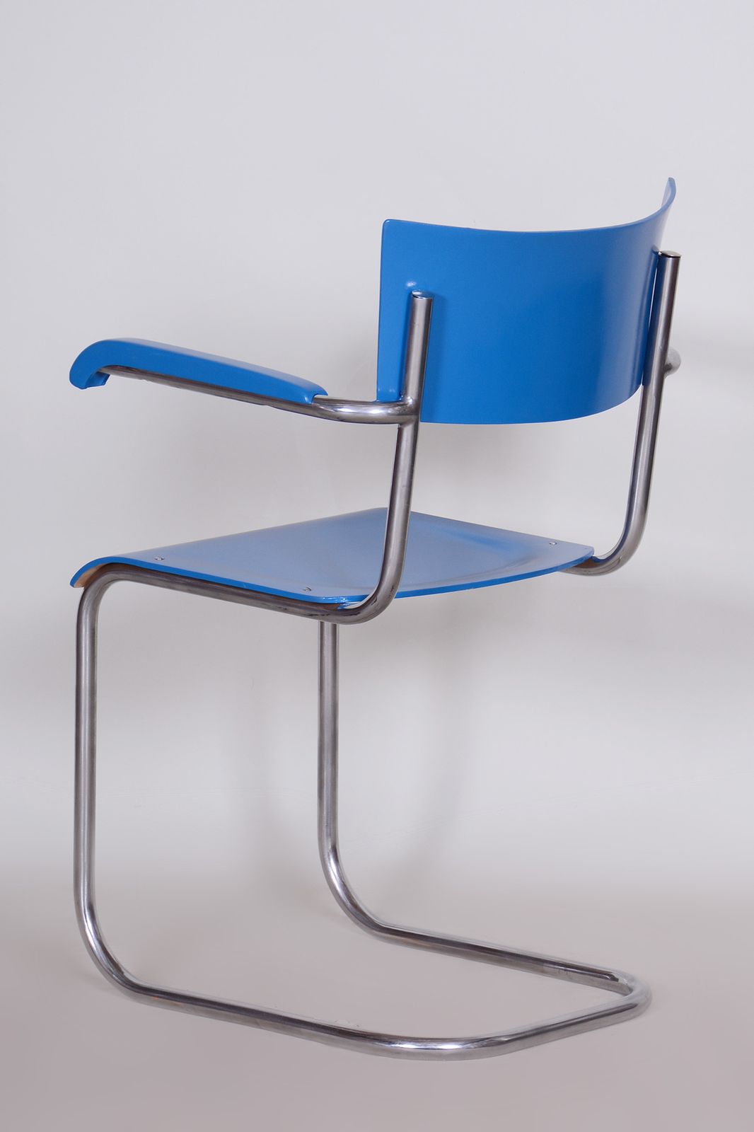 Set Of Four Blue Restored Beech Armchairs By Mart Stam, Germany, 1930s photo vinterior