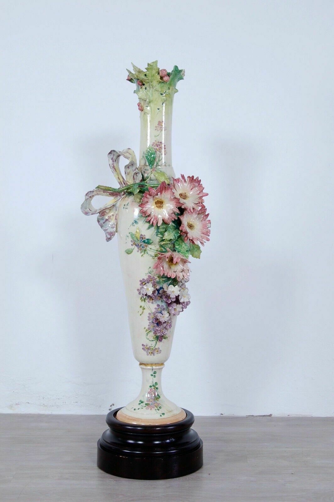 Large Slip Vase From The Early 1900s Flowers In Relief Terracotta Clay Amphora photo furniture