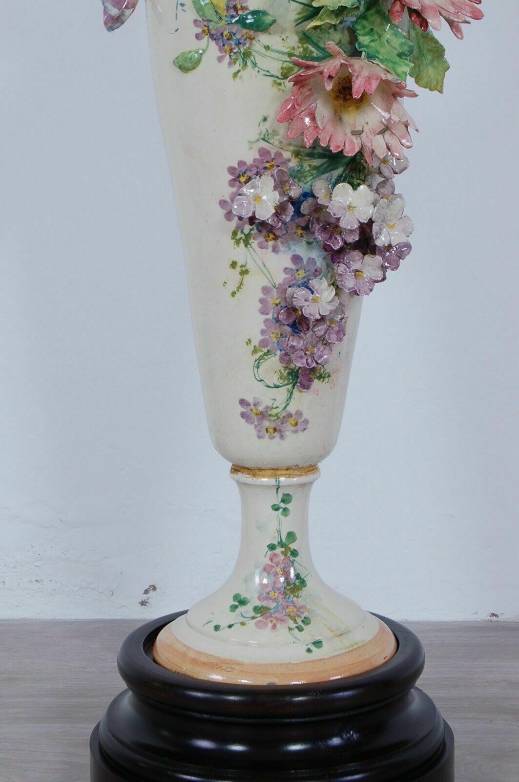 Large Slip Vase From The Early 1900s Flowers In Relief Terracotta Clay Amphora photo Home Decor