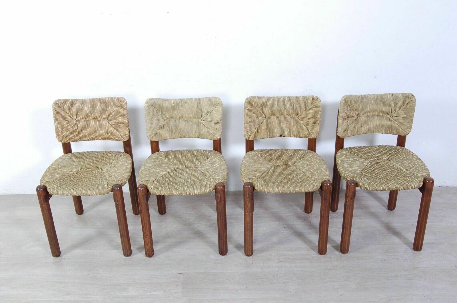 Set Of 4 Wooden Chairs And Straw Seats Design From The 70s 80s Vintage Modernism photo furniture