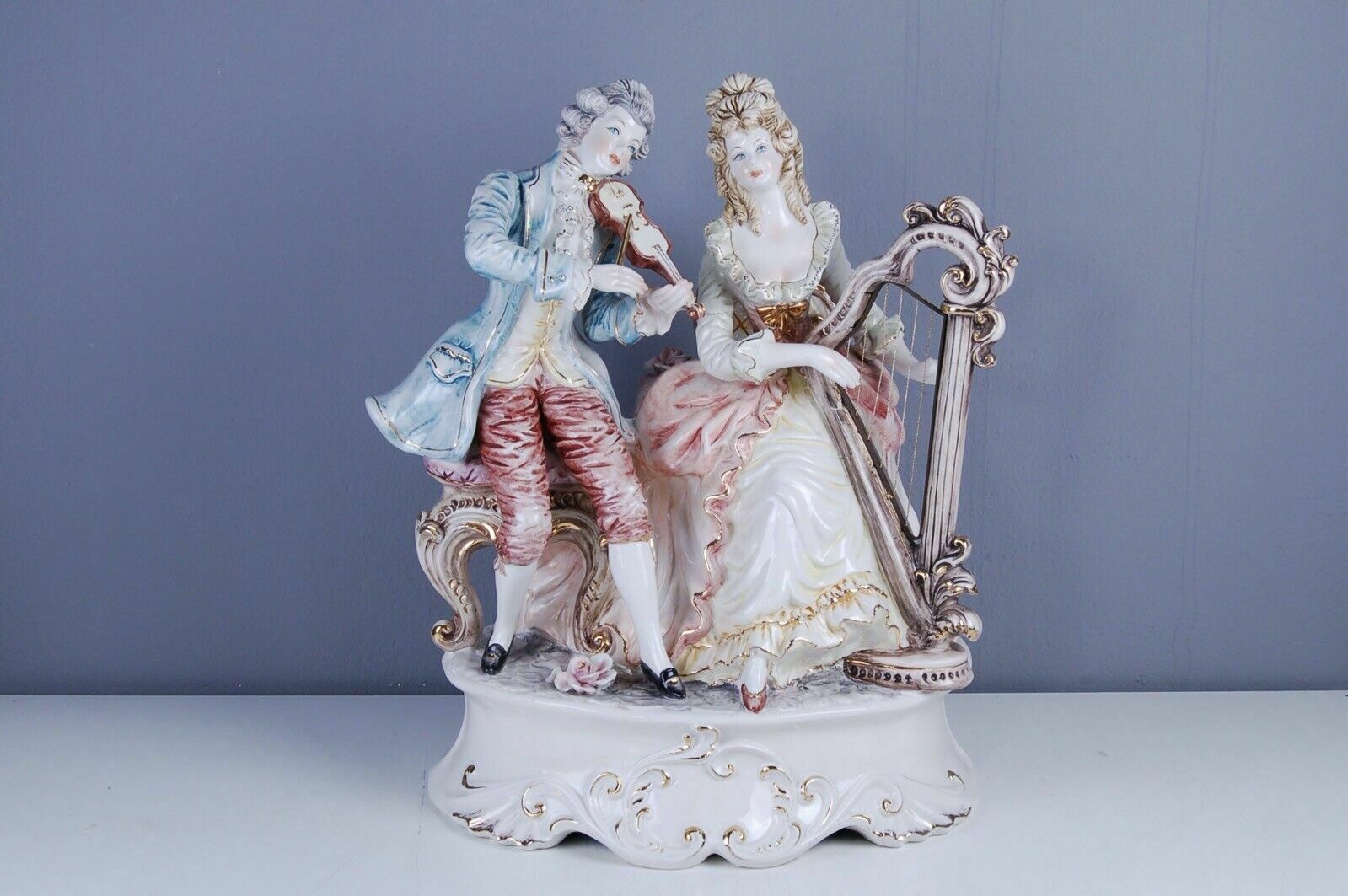 Porcelain Large Statue Pottery Made In Italy Musicians Violin Harp