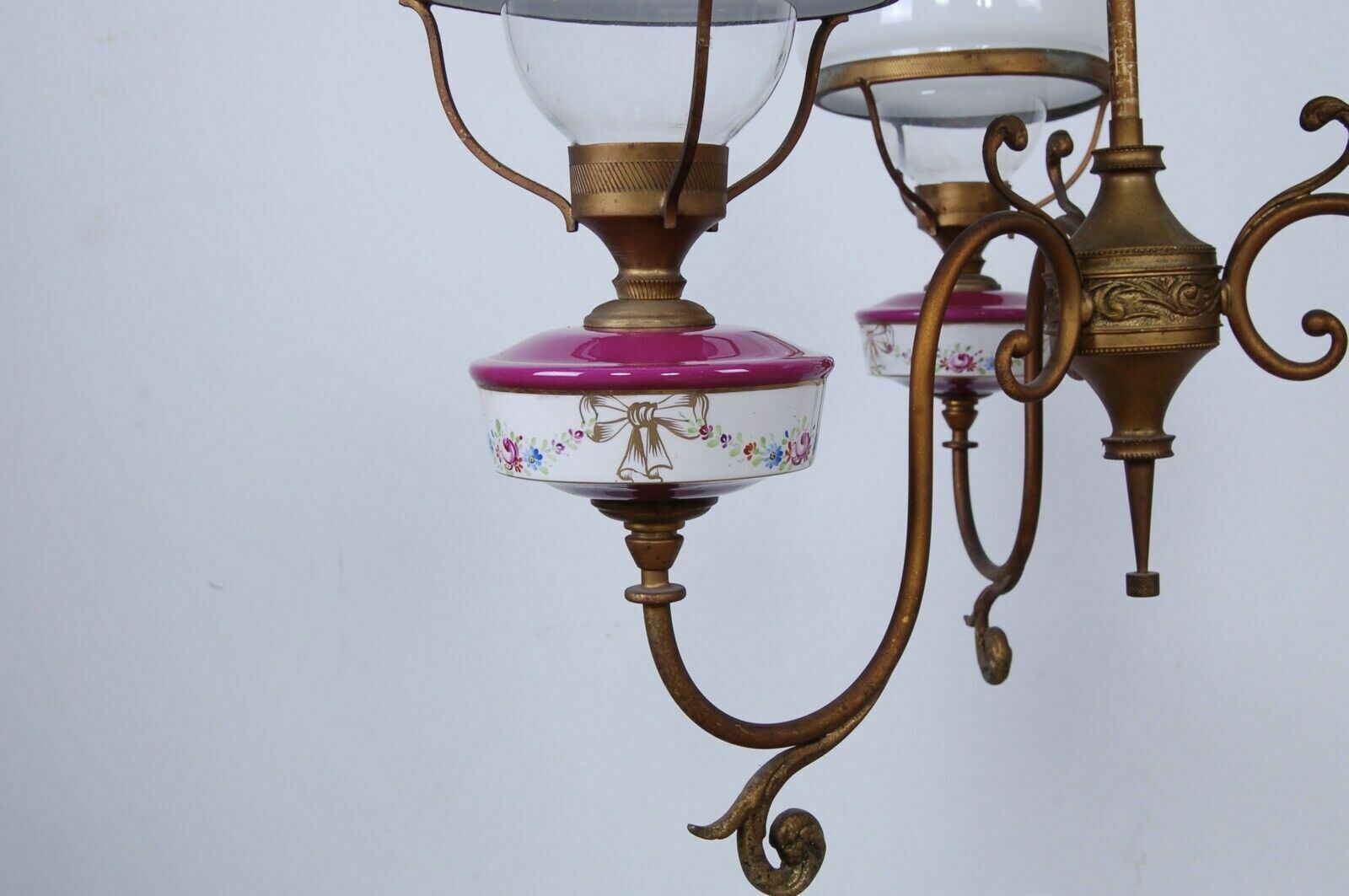 photo furniture 1940s Design Chandelier With Three Lights, Vintage Ceramic Glass Ceiling Lamp