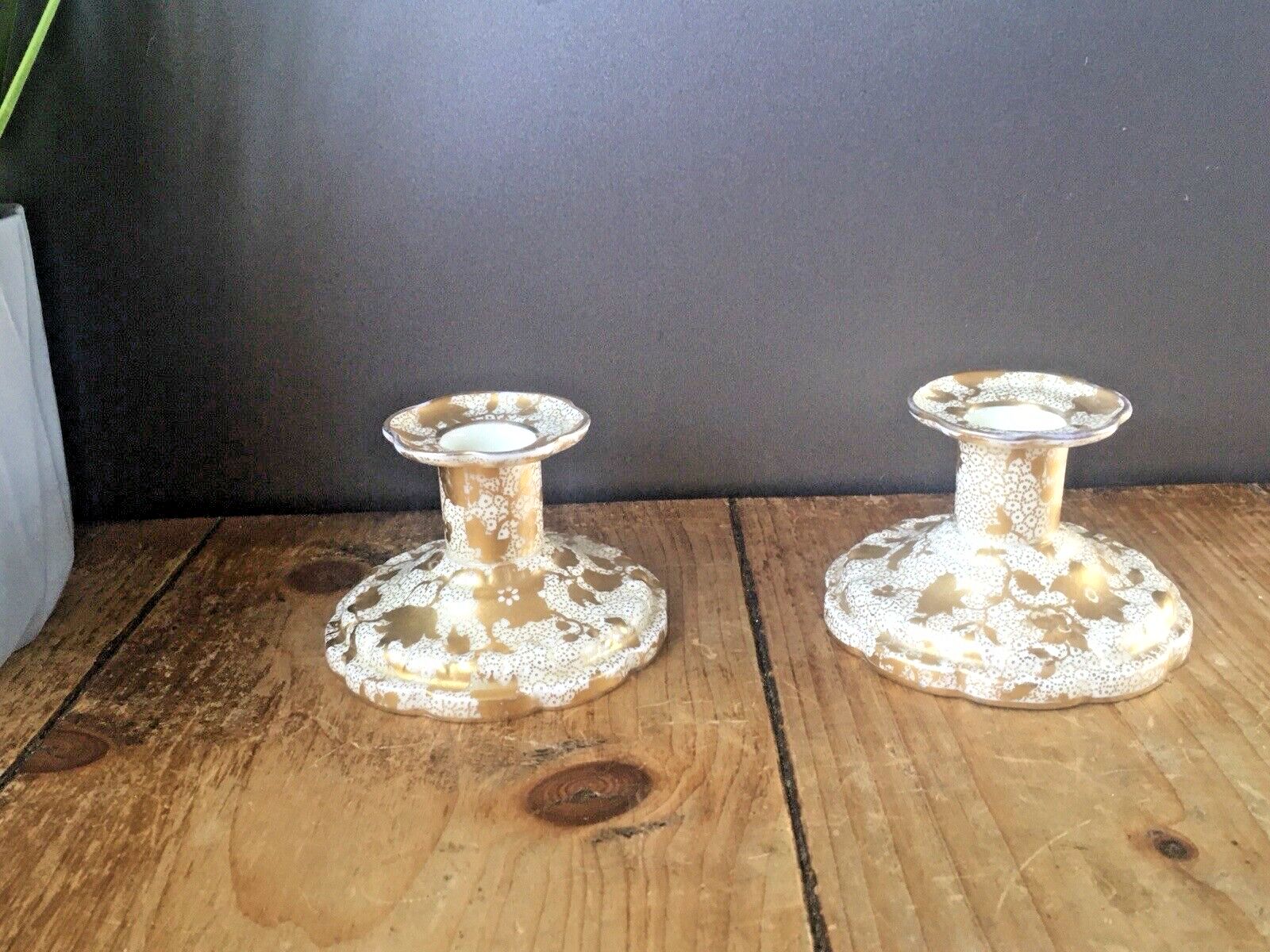 Pair Of Antique Tuscan Fine China Gilded Floral Spray Candlestick Candle Holders photo for sale