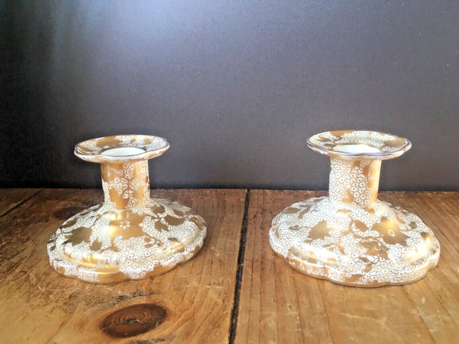 Pair Of Antique Tuscan Fine China Gilded Floral Spray Candlestick Candle Holders photo Home Decor