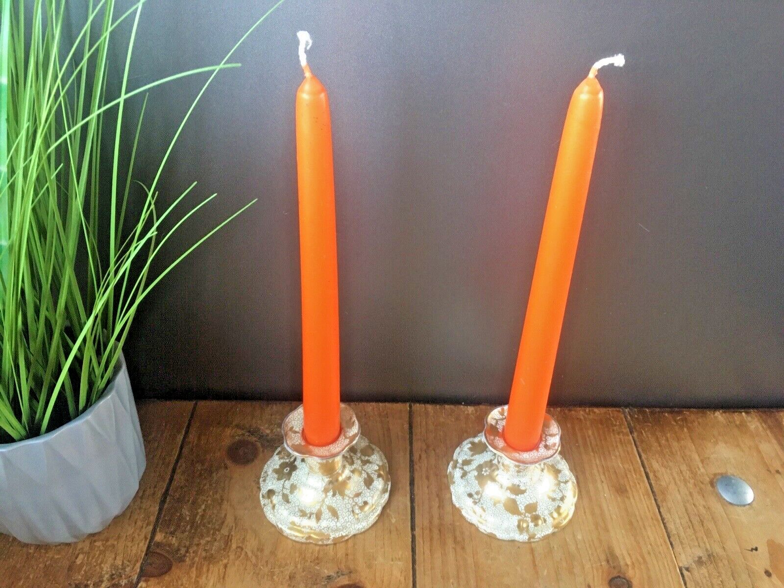 65.0 Pair Of Antique Tuscan Fine China Gilded Floral Spray Candlestick Candle Holders photo