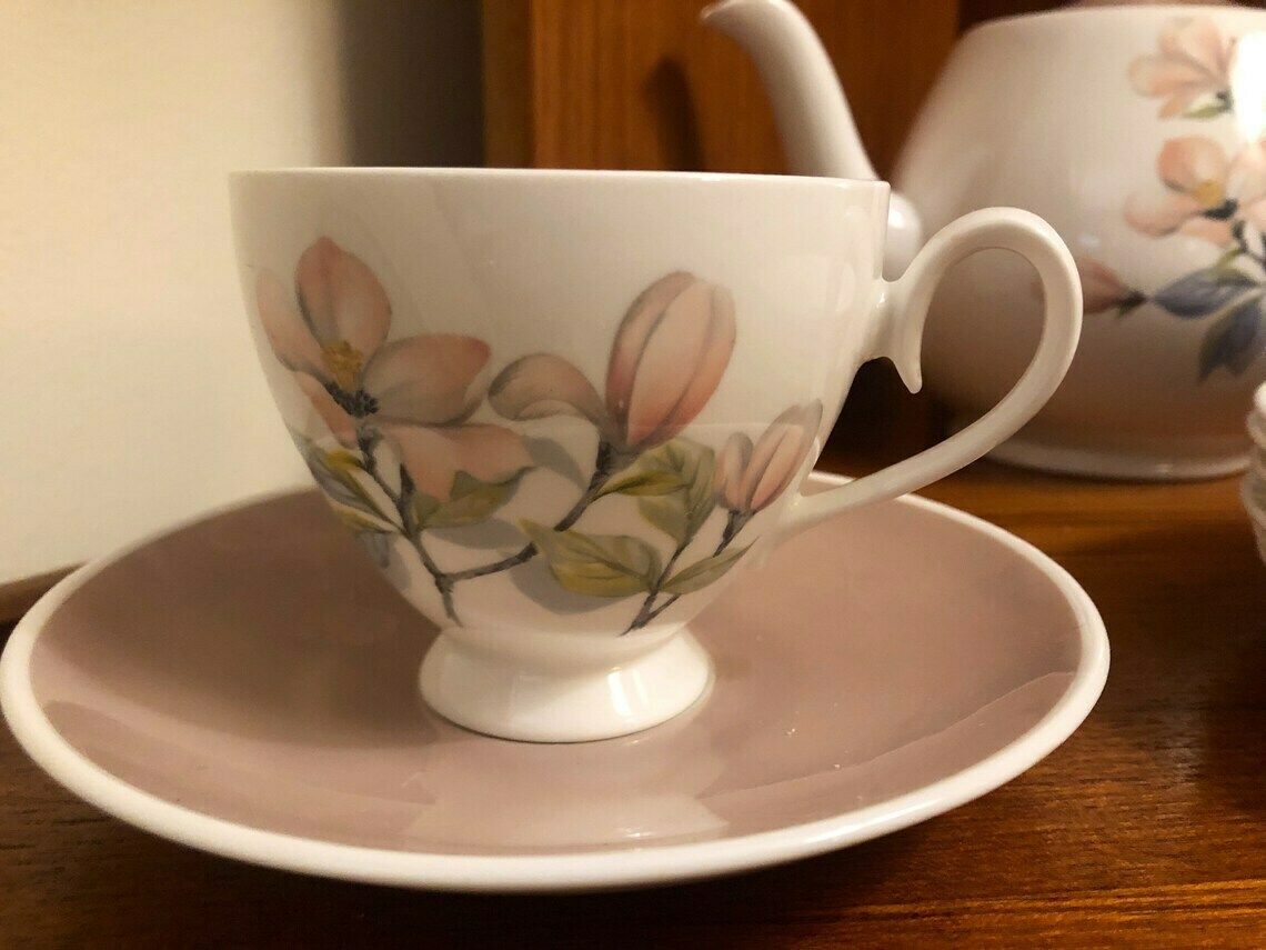 Beautiful Vintage English Midcentury Fine Bone China Tea And Coffee Set By Royal Adderley In ‘Ophelia’ Magnolia Pattern photo furniture