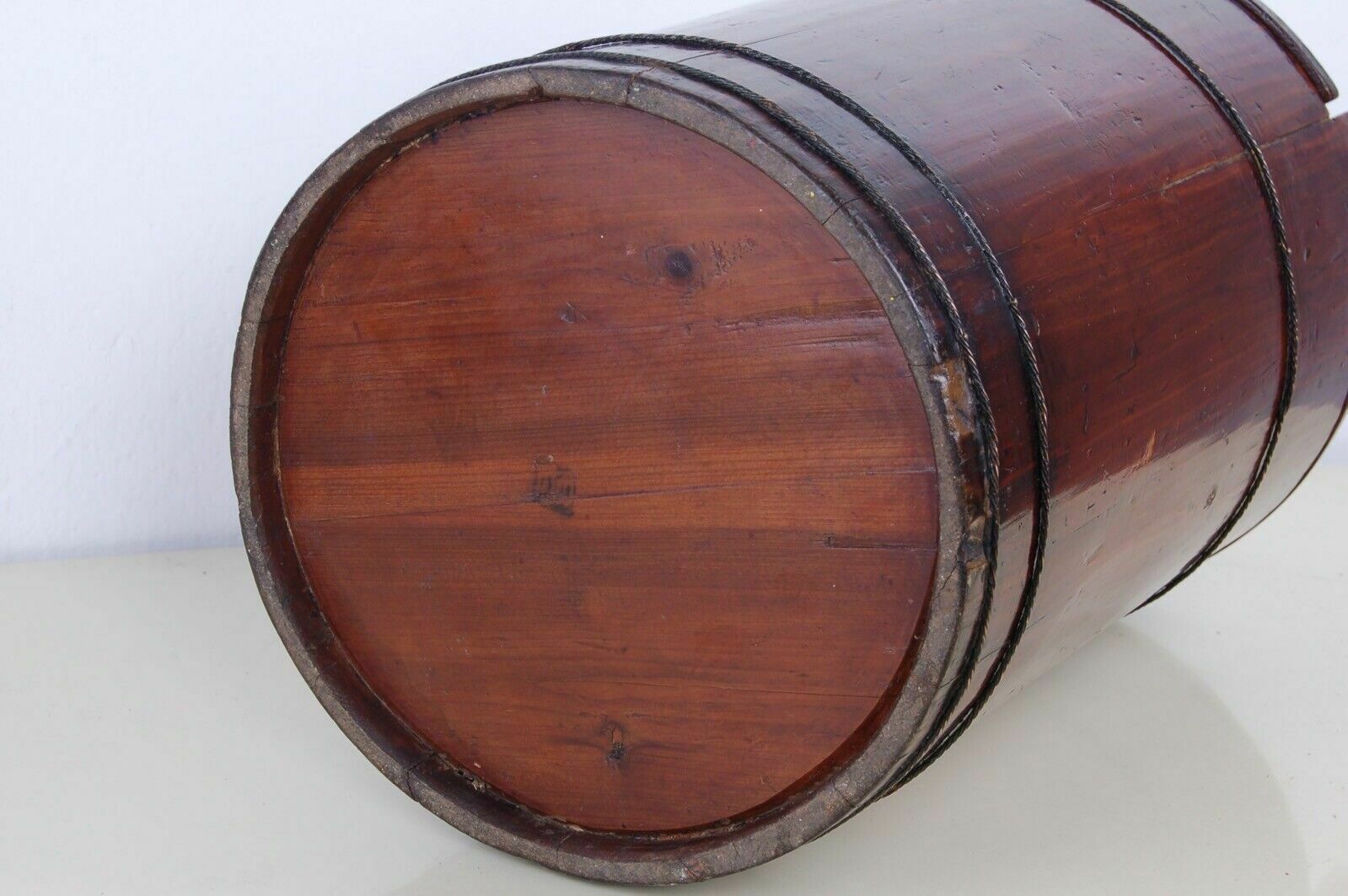 159.0 Antique Bucket With Lid Old Wooden Sugar Bin Firkin photo