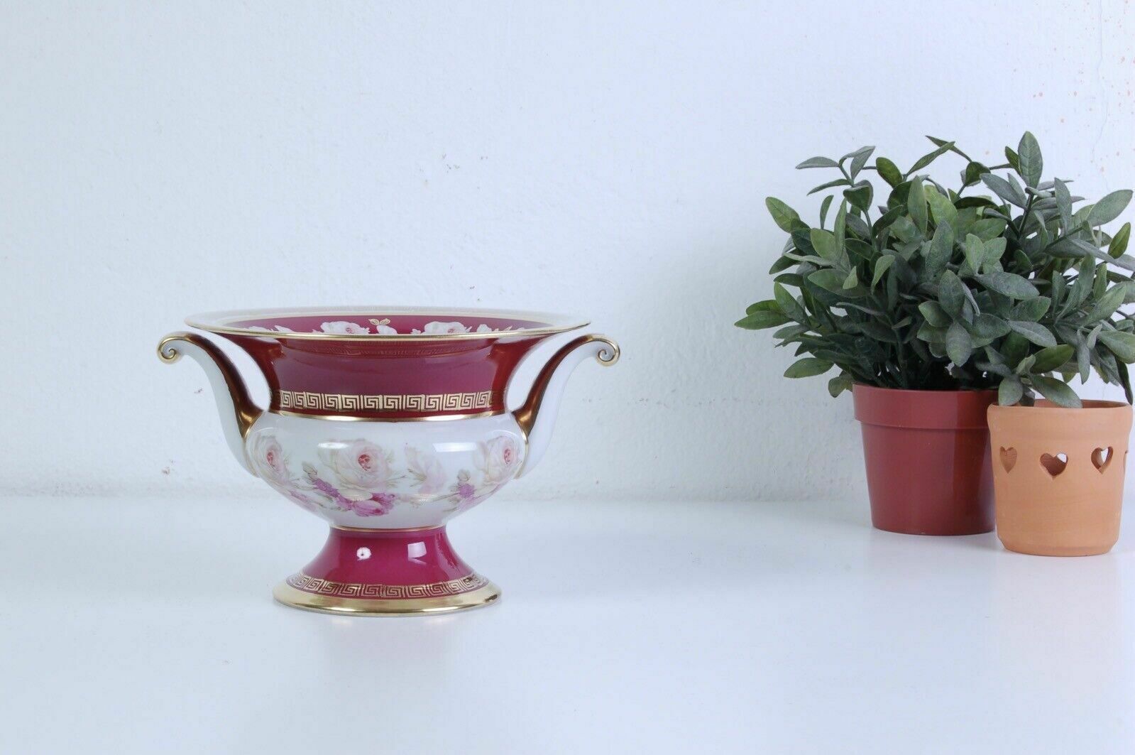 Limoges Ceramic Vase, Magenta Ceramic Ornament With Floral Gold Edge