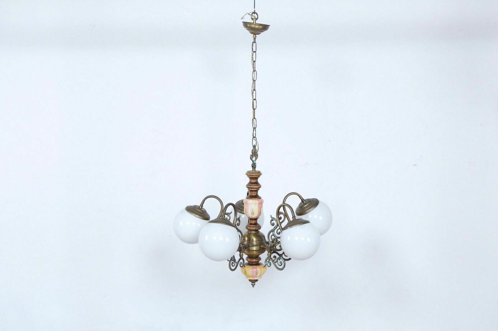 Vintage Eclectic Chandelier 5 Lights Brass Wood Orange White Glass