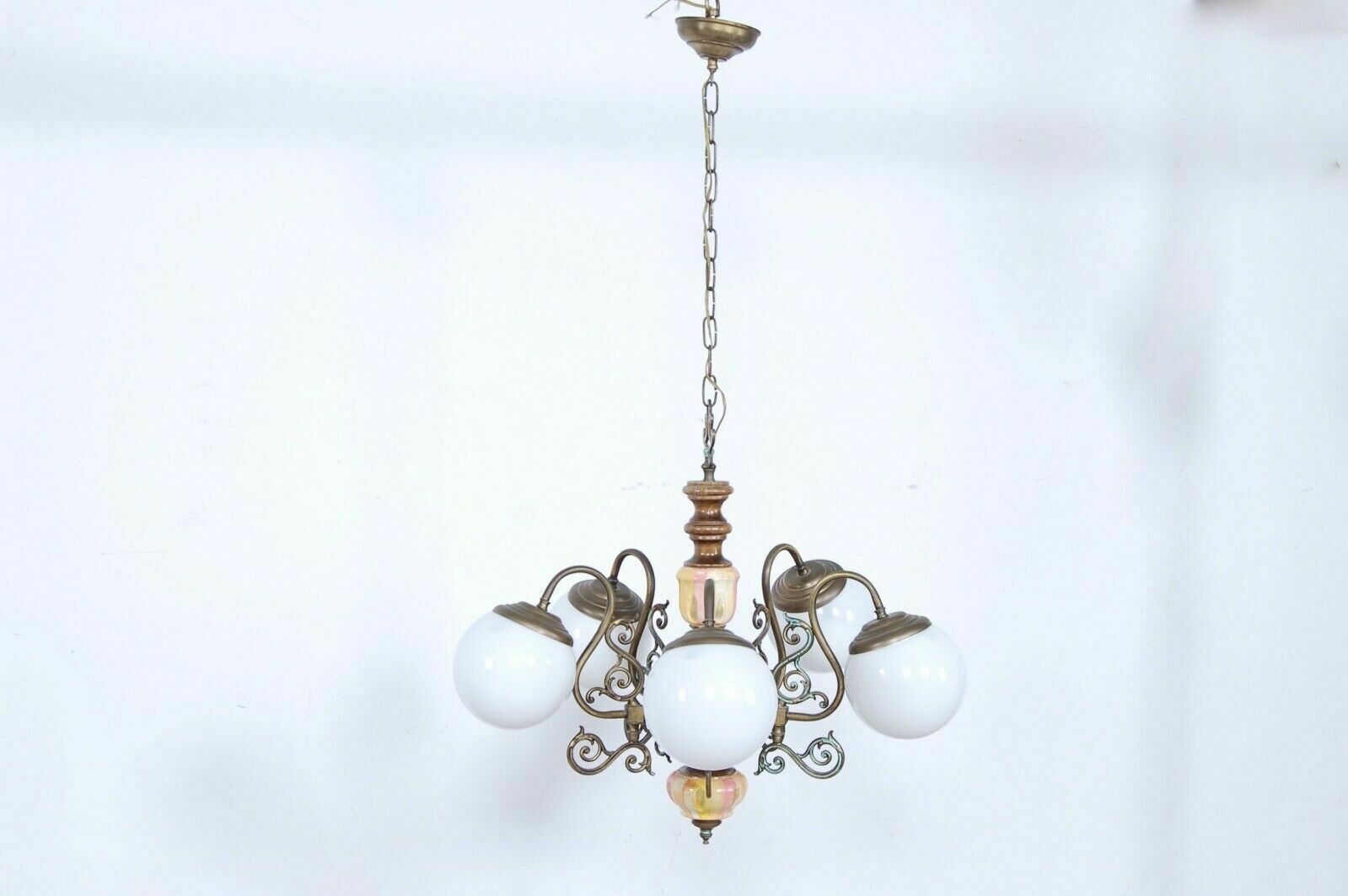 Vintage Eclectic Chandelier 5 Lights Brass Wood Orange White Glass photo Lighting