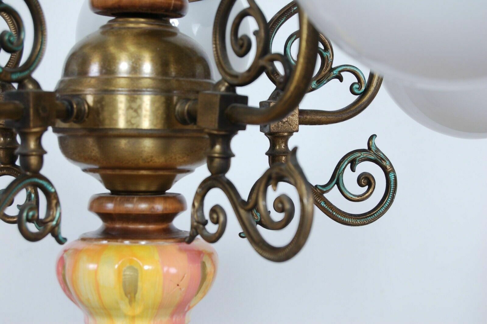 Lighting Vintage Eclectic Chandelier 5 Lights Brass Wood Orange White Glass photo