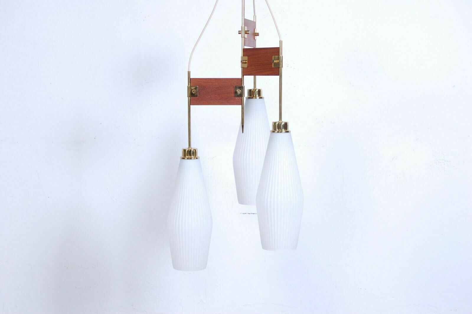 Stilnovo Design Chandelier From The 50s And 60s. Opaline Glass And Brass Ceiling Lamp photo vinterior