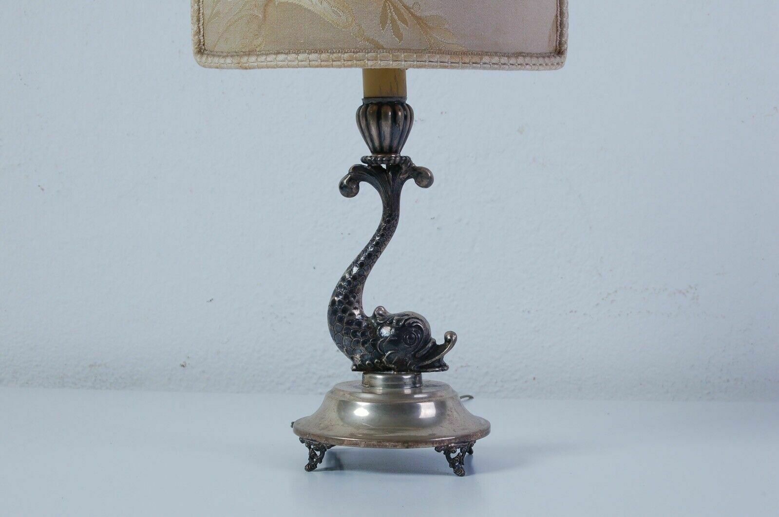 Antique Table Lamp Abat Joure Antique Silver Dolphin Lampshade Putto photo furniture