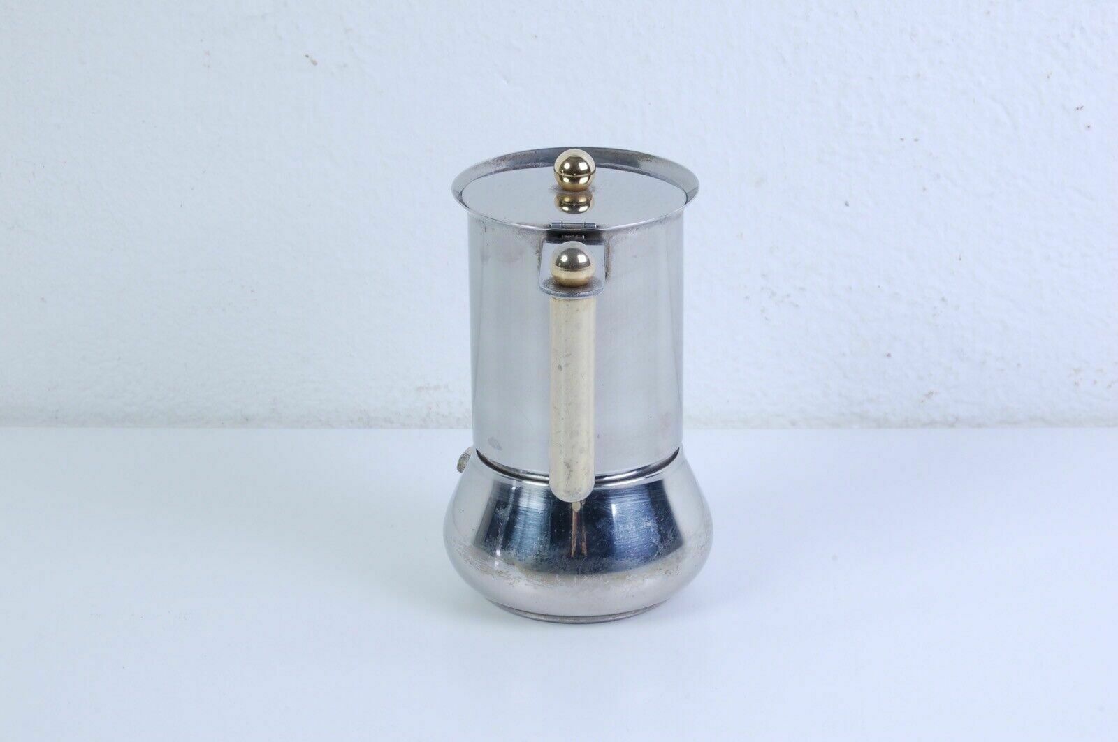Vev Stainless Steel Coffee Maker Made In Italy, Moka Gold Handle Series, 70s photo furniture