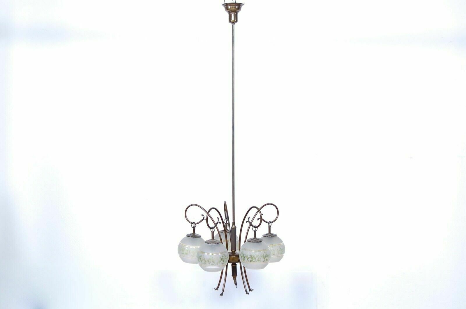 1950s Design Chandelier Vintage Brass 5 Lampshade Satin Glass Green Decoration