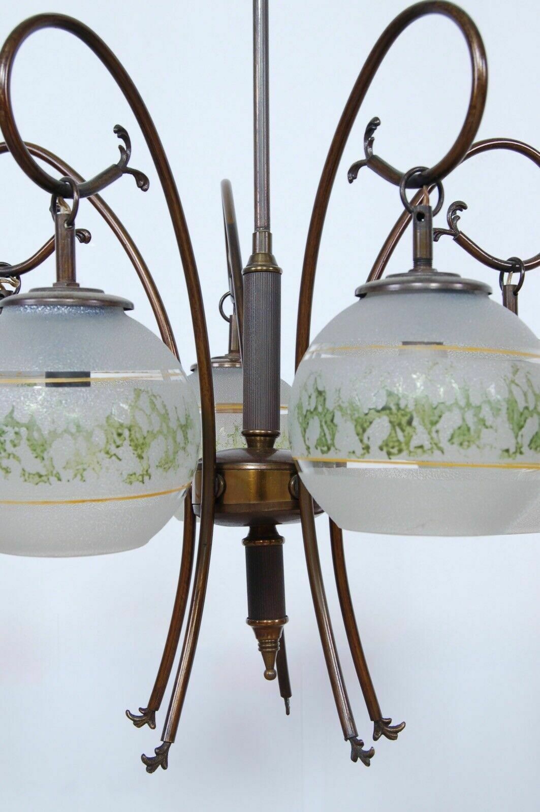 1950s Design Chandelier Vintage Brass 5 Lampshade Satin Glass Green Decoration photo furniture