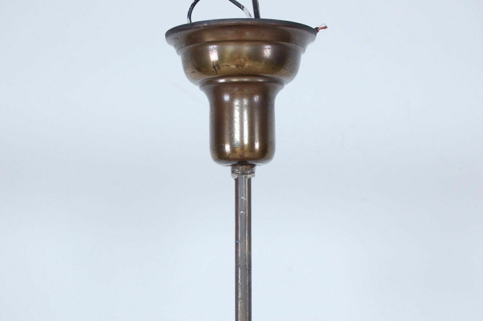 photo for sale 1950s Design Chandelier Vintage Brass 5 Lampshade Satin Glass Green Decoration