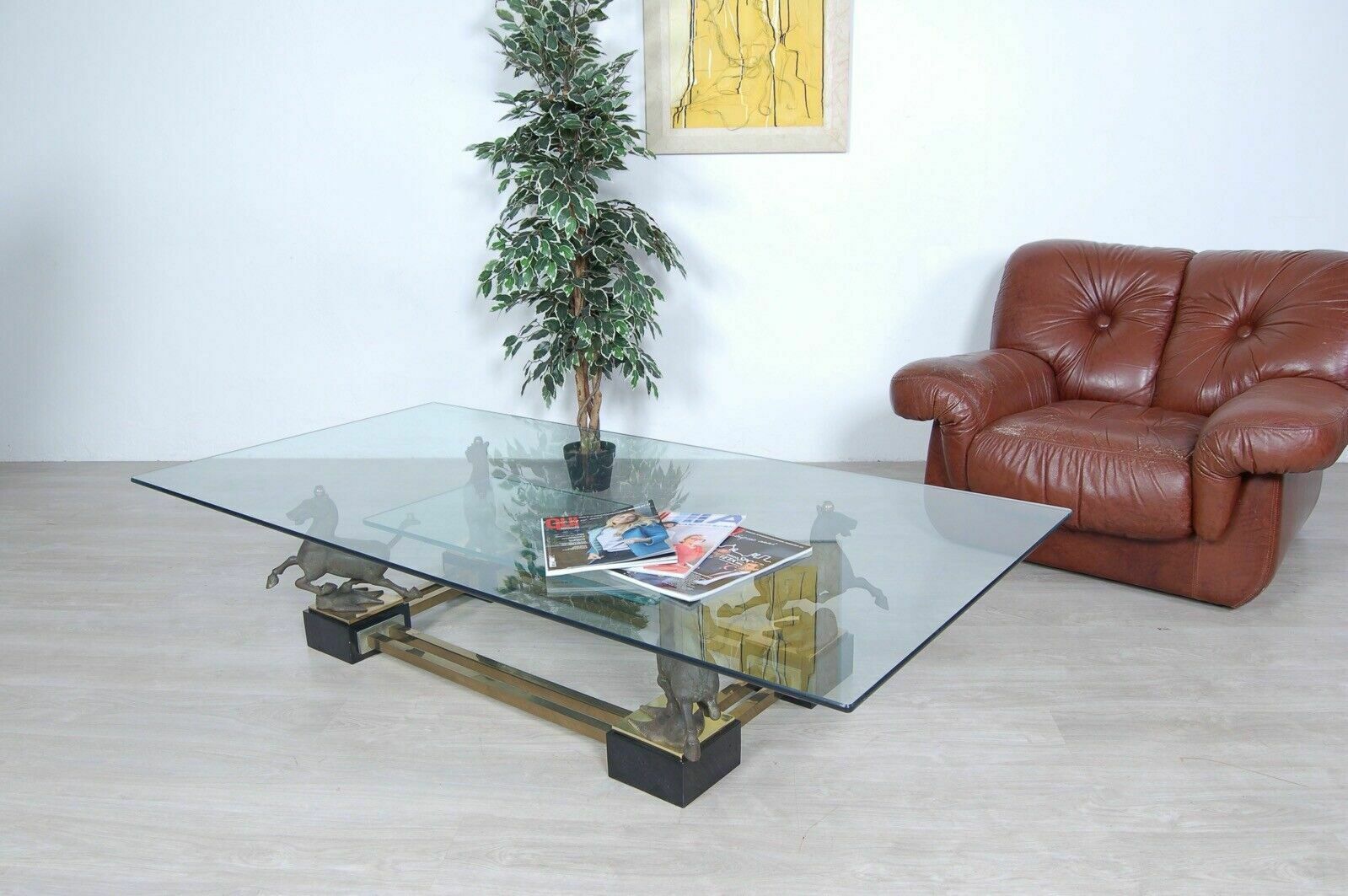 Maison Charles Large Rectangular Glass Brass Table Flying Horse Of Gansu