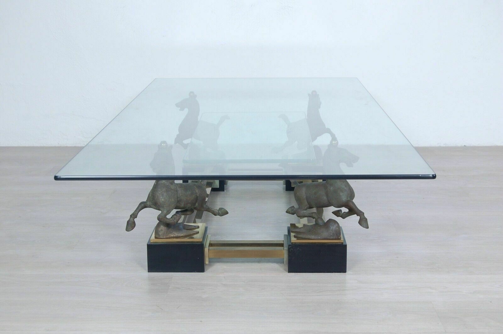 Maison Charles Large Rectangular Glass Brass Table Flying Horse Of Gansu photo vintage