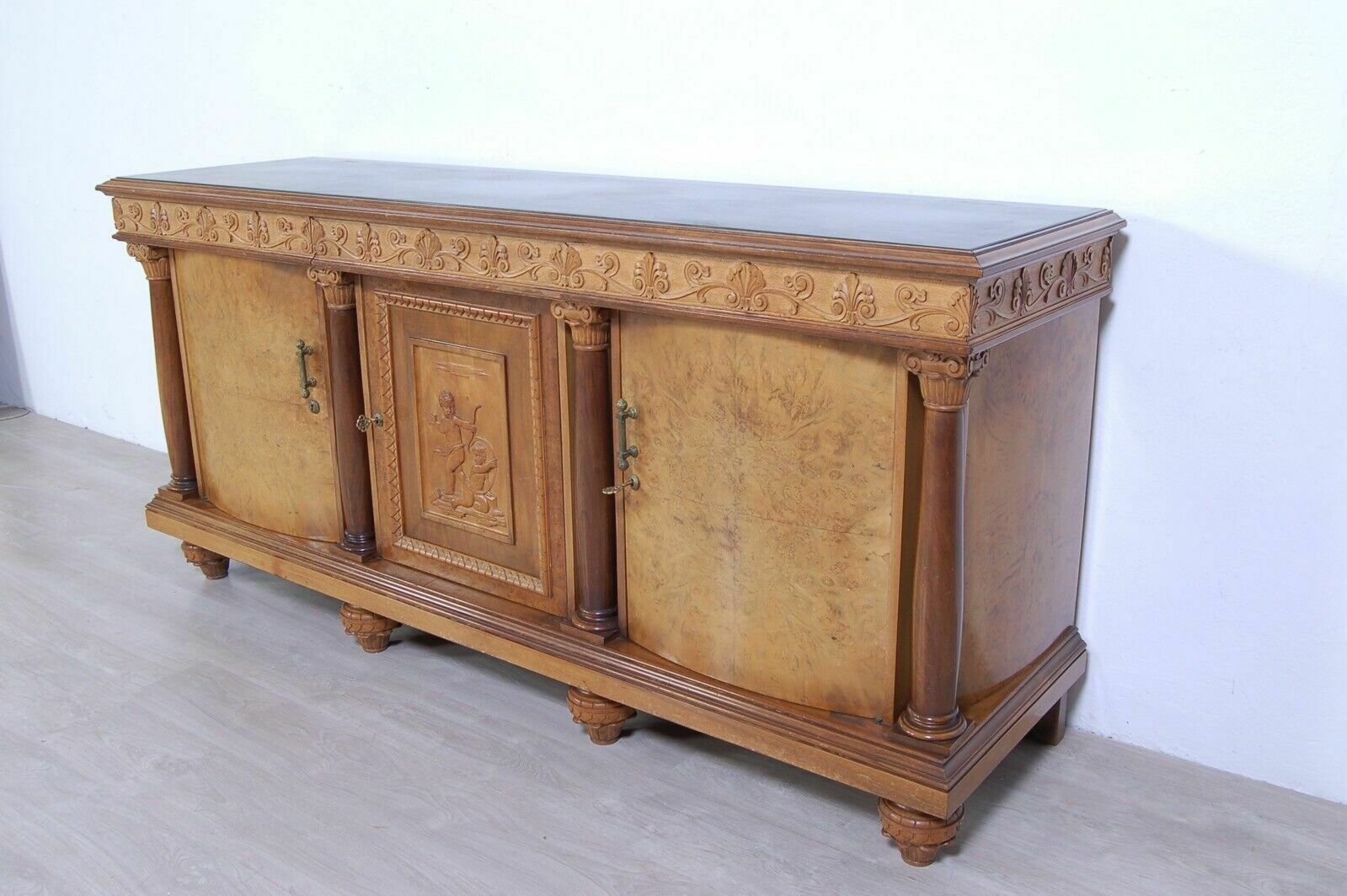 photo for sale Empire Sideboard In Briar Root, Green Marble Top. Large Gilded Mirror
