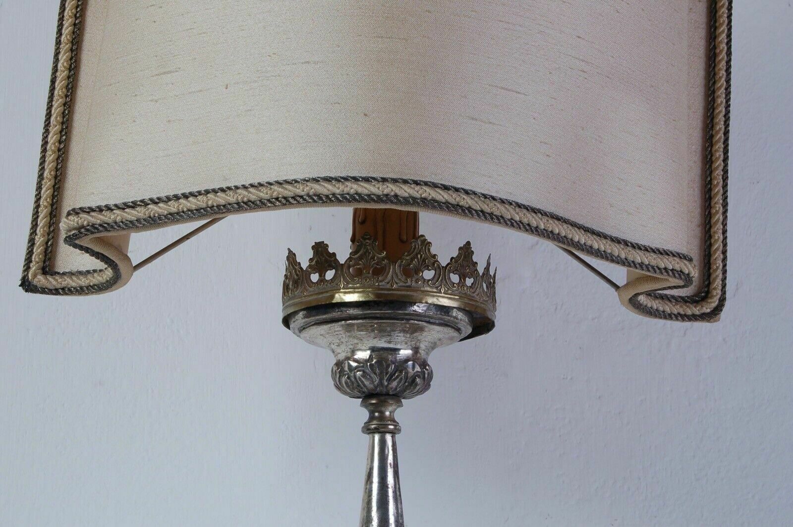 Table Lamp Old Electrified Religious Candlestick In Wood And Antique Silver photo Lighting