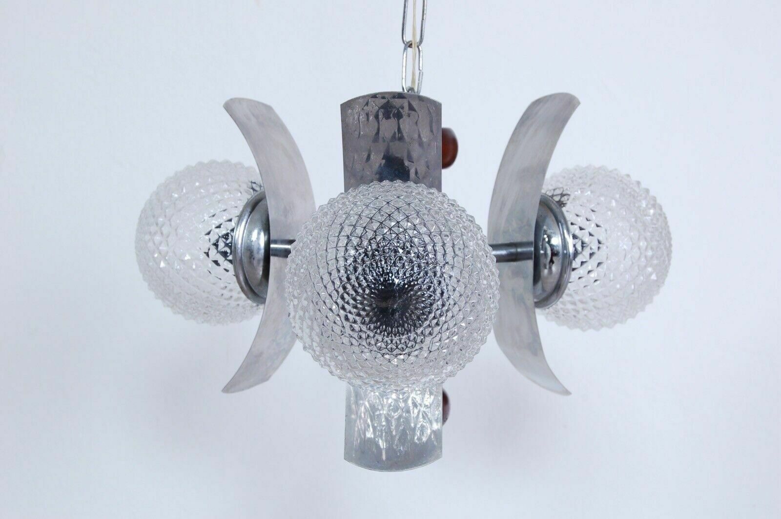 Design Chandelier From The 70s, Wood, Steel And Frosted Glass Modernity photo for sale