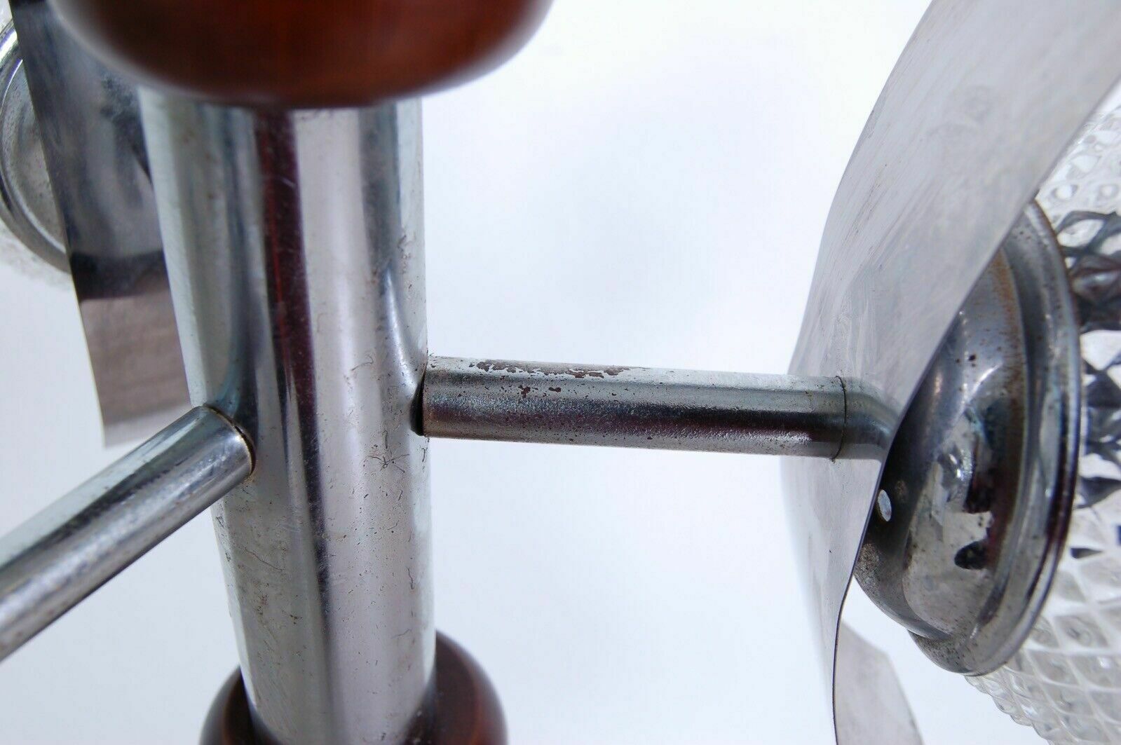 photo for sale Design Chandelier From The 70s, Wood, Steel And Frosted Glass Modernity