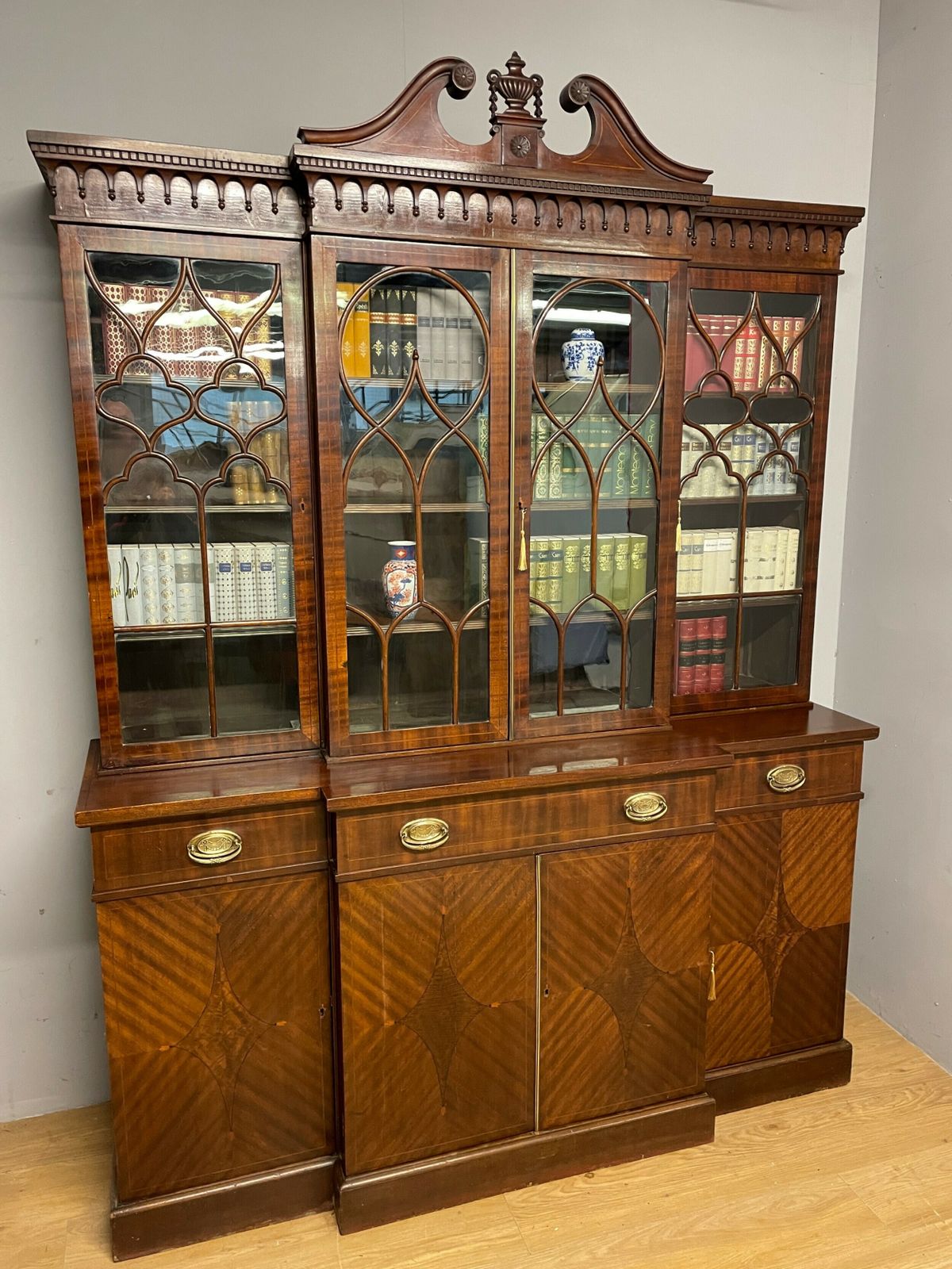 Edwardian Inlaid Mahogany Four Door Breakfront Library Bookcase photo furniture