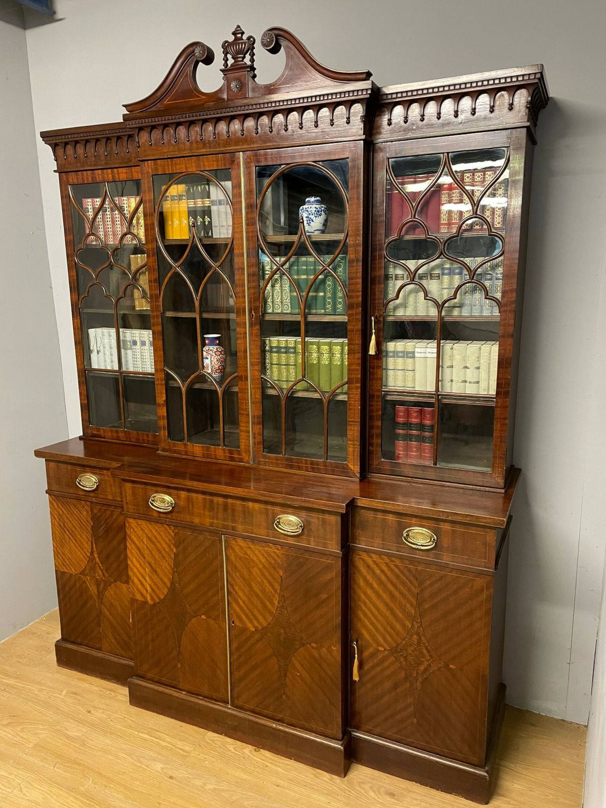 Furniture Edwardian Inlaid Mahogany Four Door Breakfront Library Bookcase photo
