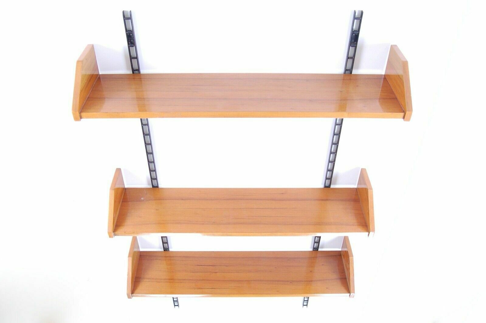 Furniture Design Bookcase From The 50s, Vintage Wooden Shelves Unit With Iron Uprights photo